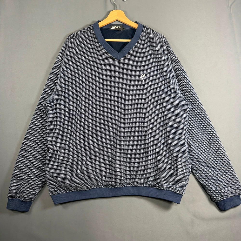 Ashworth Mens Large Striped V Neck Long Sleeve Shirt Blue White Golf Pullover